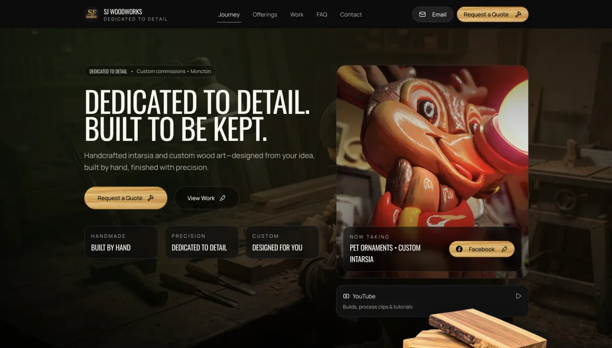 SJ Woodworks custom furniture website - desktop design by GrowLocal Labs